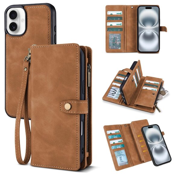 🆕Brown PU Leather Wallet Case for iPhone 16 – Magnetic Detachable 6.1" Cover - Picture 1 of 3